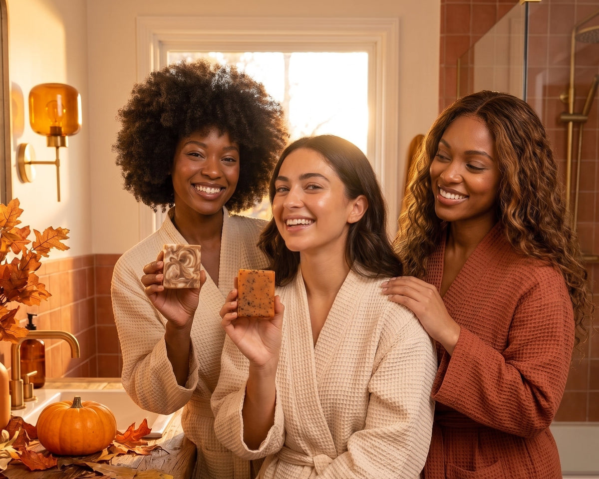 Three women in cozy bathrobes smile in a warm bathroom setting, each holding up a handmade soap bar. The scene is decorated with autumn leaves and a small pumpkin on a wooden counter, creating a warm, seasonal atmosphere.
